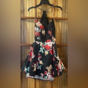 B. Smart Black Floral Fit-and-Flare Dress with Red Rose Print